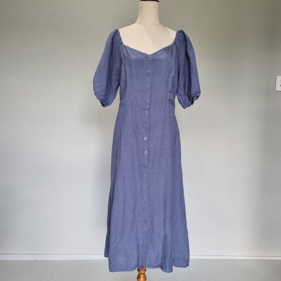 Princess Highway Celeste Blue Linen Blend Puff Sleeve Midi Dress Size 14 - Picture 2 of 8